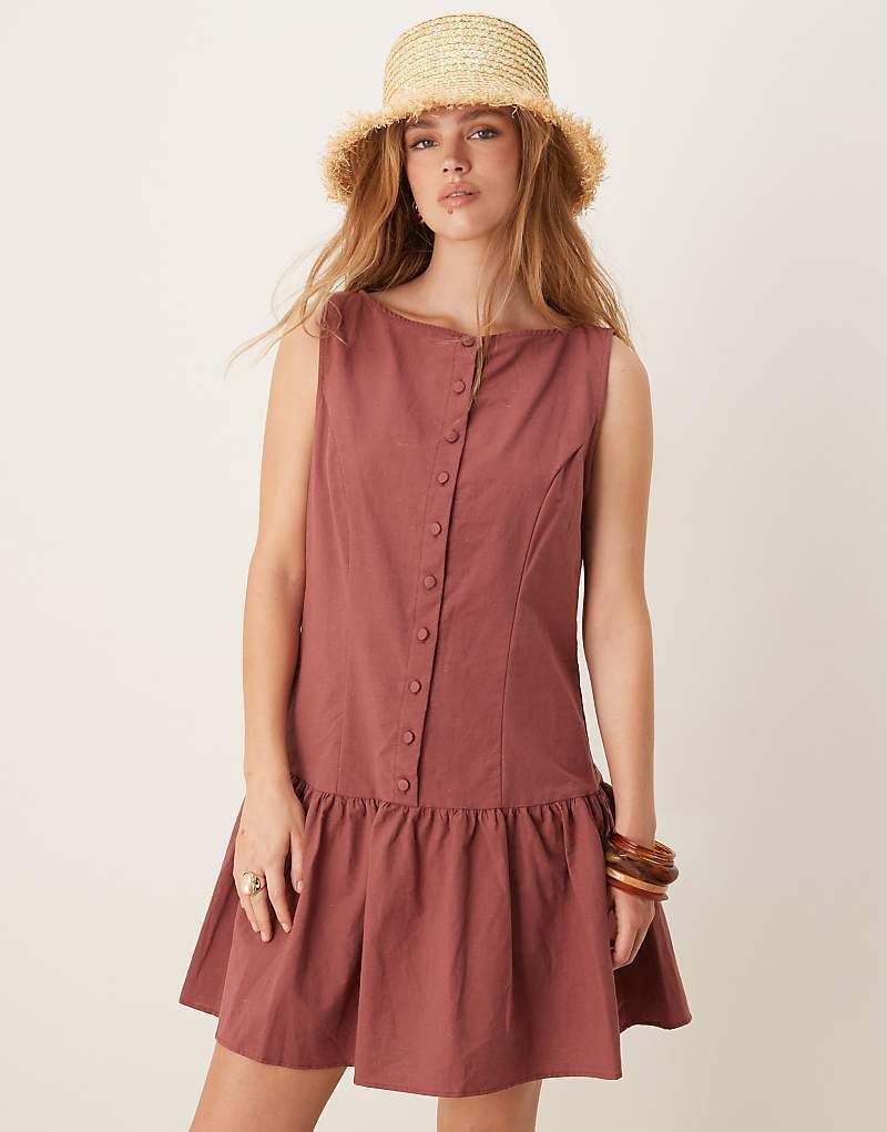 & Geknopftes Minikleid in verwaschenem Burgunderrot mit geradem Ausschnitt und tiefer Taille 208684473Gewaschenes Burgunderrot