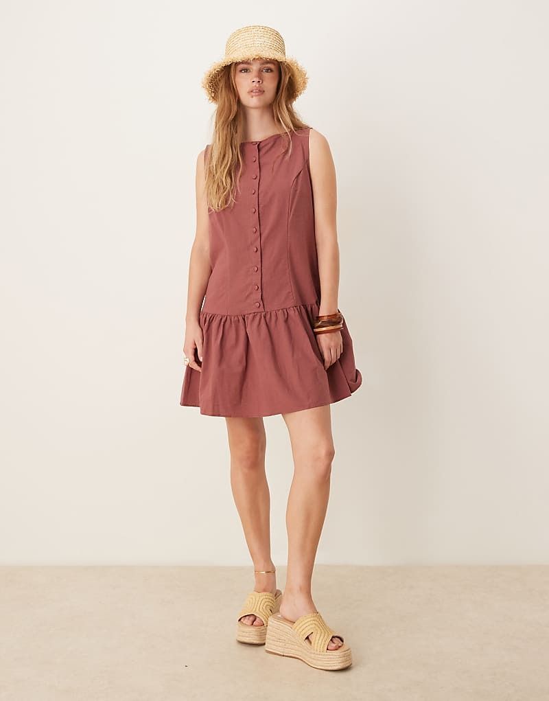 & Geknopftes Minikleid in verwaschenem Burgunderrot mit geradem Ausschnitt und tiefer Taille 208684473Gewaschenes Burgunderrot