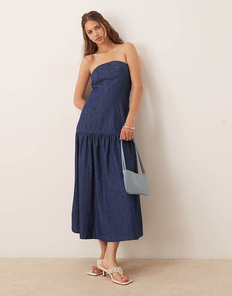 데님 & Tragerloses Midikleid aus weichem Denim mit Falten und Rinse-Waschung 208223283Rinse Wash