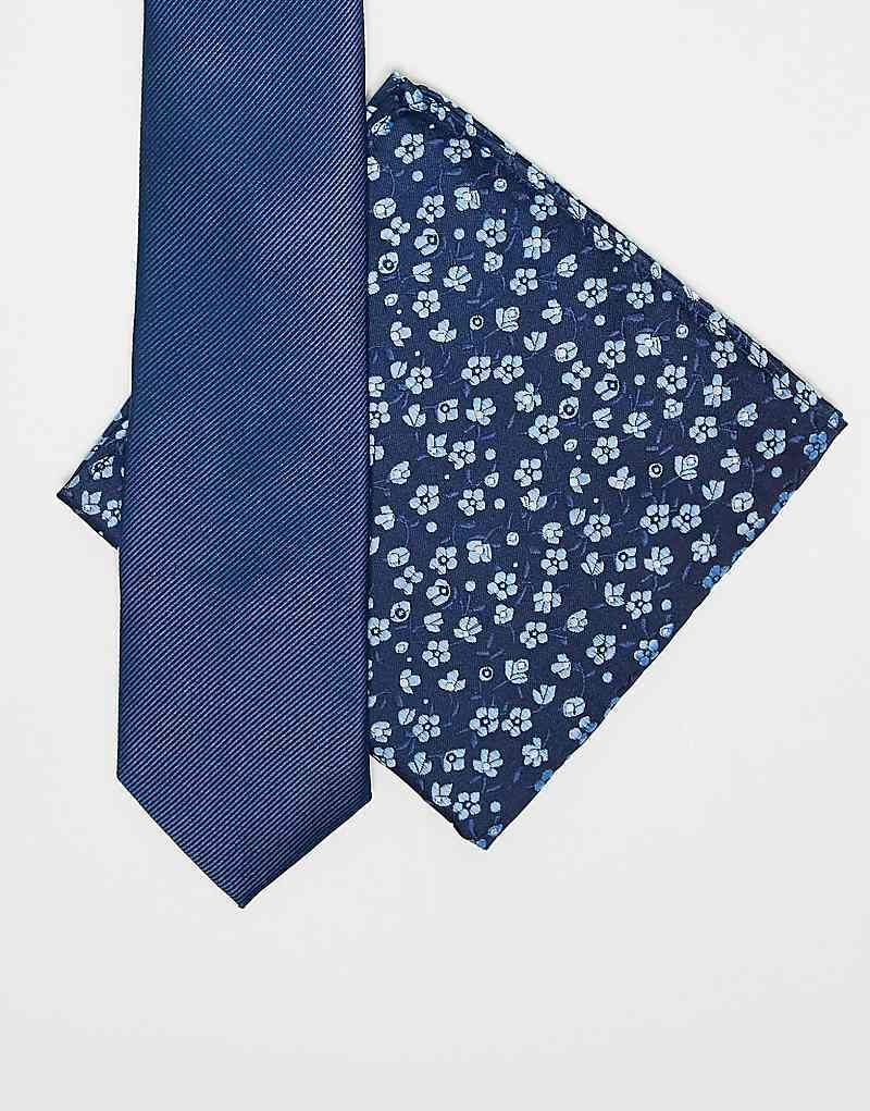 세트 & Set aus einfarbiger Krawatte in Marineblau und geblumtem Einstecktuch 207640145Marineblau