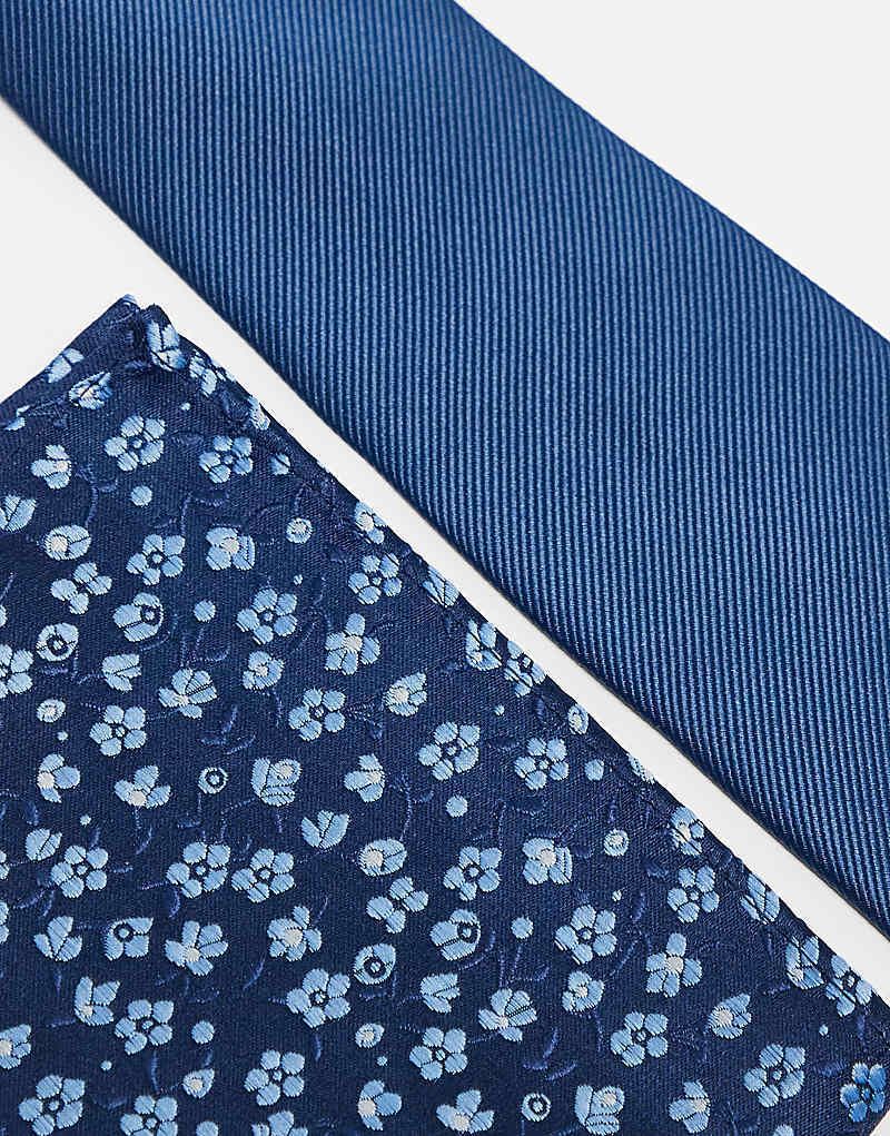세트 & Set aus einfarbiger Krawatte in Marineblau und geblumtem Einstecktuch 207640145Marineblau