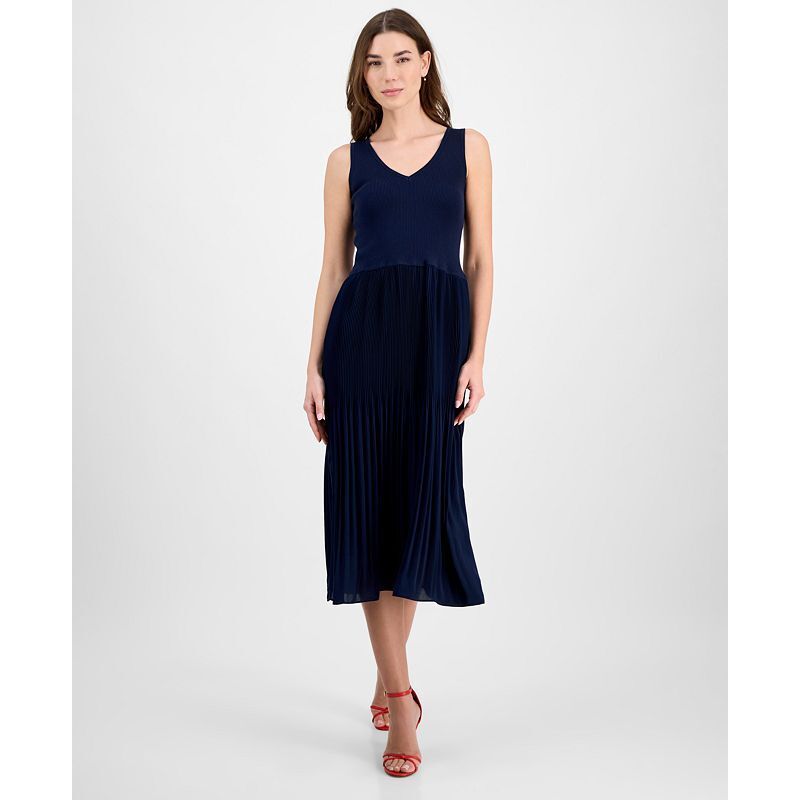 여성 플리츠 민소매 핏 플레어 드레스 Women's Ribbed Pleated Sleeveless Fit & Flare Dress 21760366 Navy
