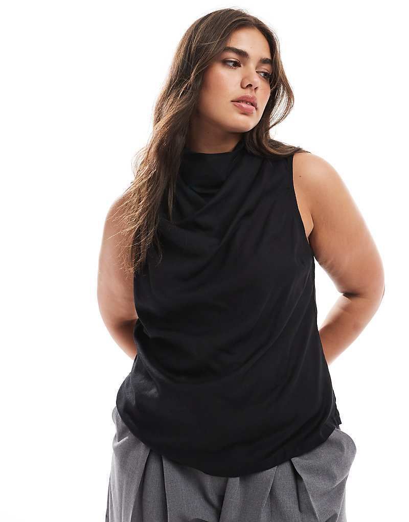 디자인 블랙 ASOS DESIGN Curve   Armelloses Oberteil aus Leinenmix in Schwarz mit Wasserfallausschnitt 208306798Schwarz