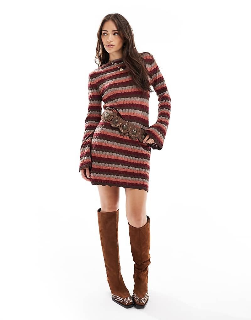 로프 소매 & Minikleid aus Strick mit ausgestellten Armeln und gestreifter Hakeloptik 208926827Multi-Rost