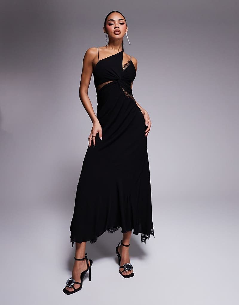 블랙 디자인 Asymmetrisches Spitzen-Maxikleid in Schwarz mit gespleißtem Design 208087460Schwarz