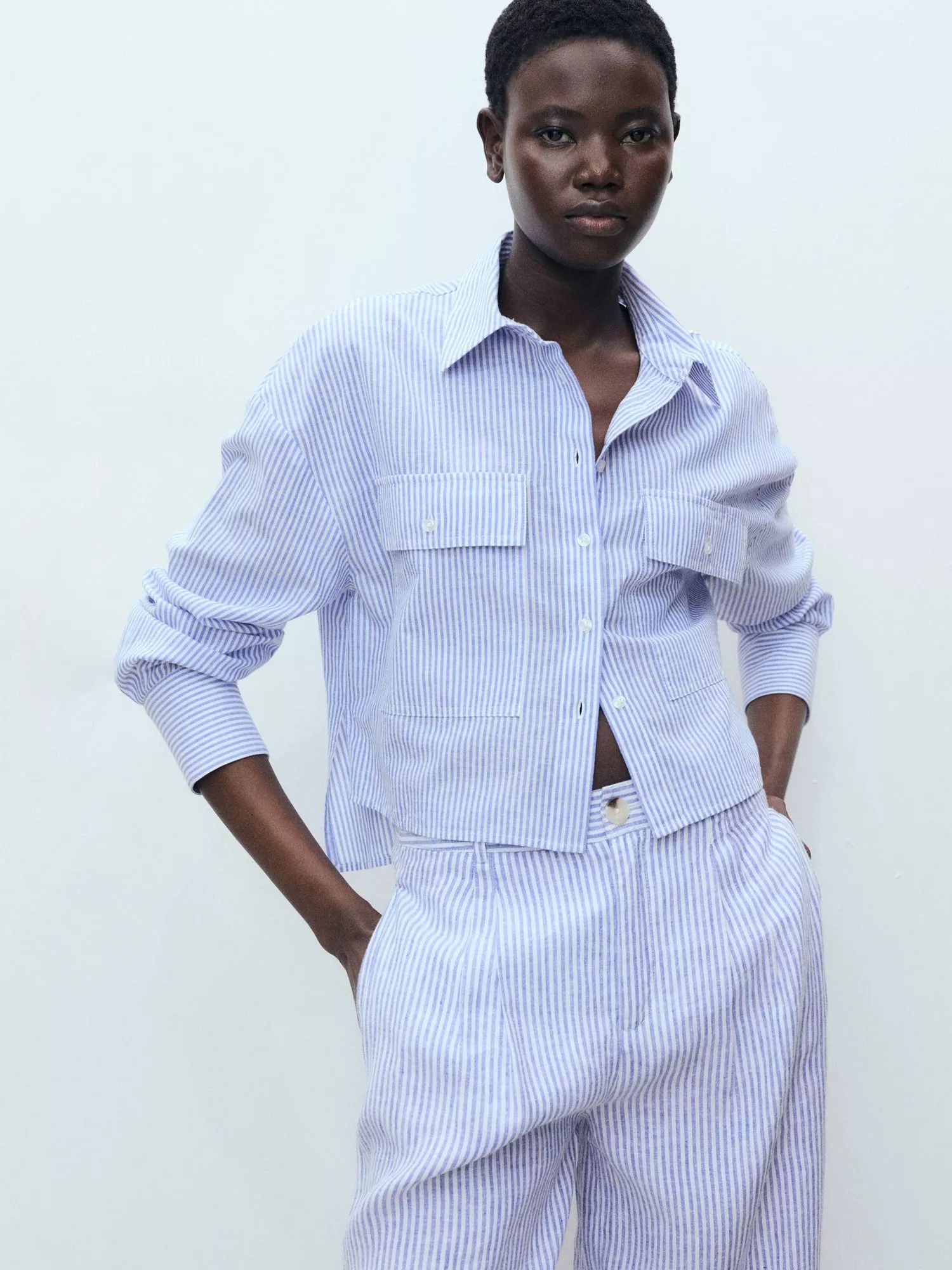 린넨 블렌드 스트라이프 셔츠 미디움 블루 Maneli Linen Blend Stripe Shirt, Medium Blue 113596127