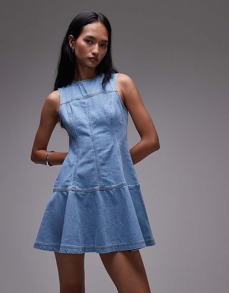Schwingendes Mini-Jeanskleid in Mittelblau mit Ziernaht 208774108BLAU