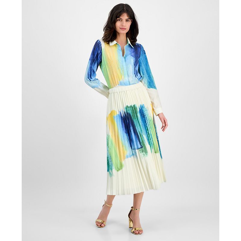여성 플리츠 미디 스커트 Women's Brushstroke-Print Pleated Midi Skirt 22202258 Summer Brush