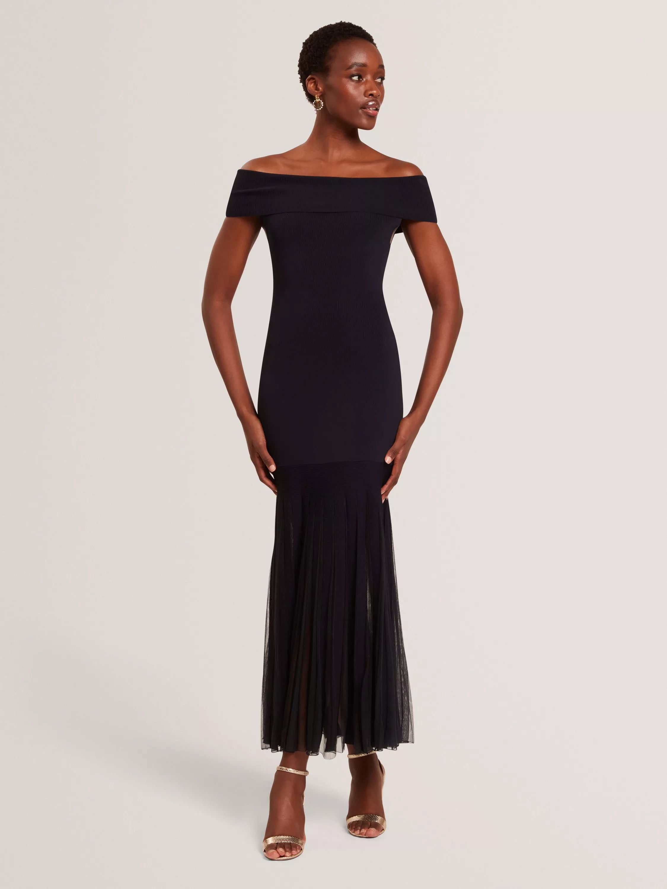 드롭 오프 숄더 니트 드레스 네이비 Drop Waist Off Shoulder Knit Dress, Navy 113708714