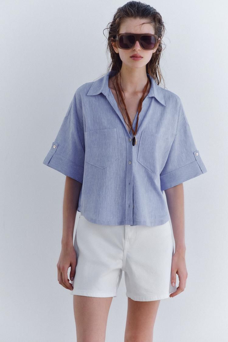 크롭 린넨 블렌드 셔츠 CROPPED LINEN BLEND SHIRT 467607540