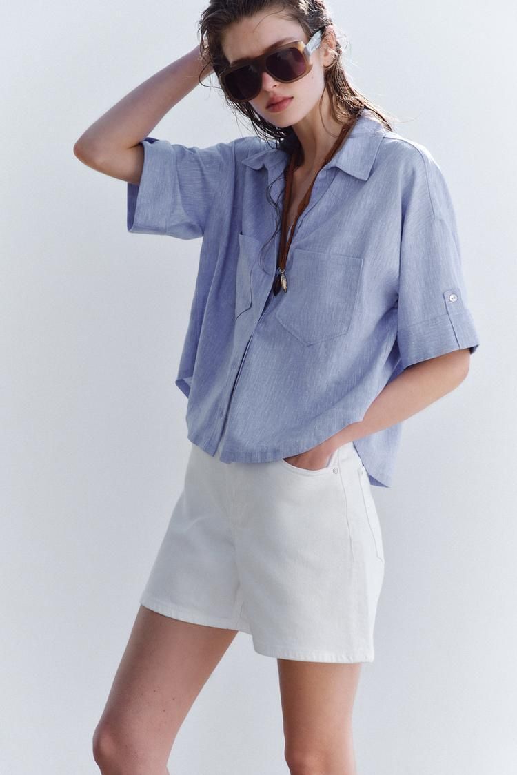 크롭 린넨 블렌드 셔츠 CROPPED LINEN BLEND SHIRT 467607540