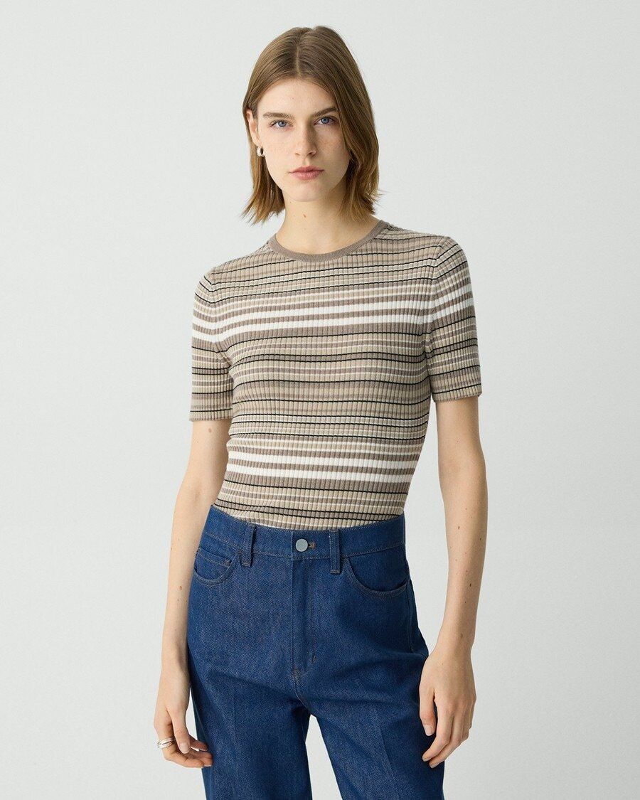 반팔 스웨터 울 Ribbed Short-Sleeve Sweater in Regal Wool P0111704 2BZ