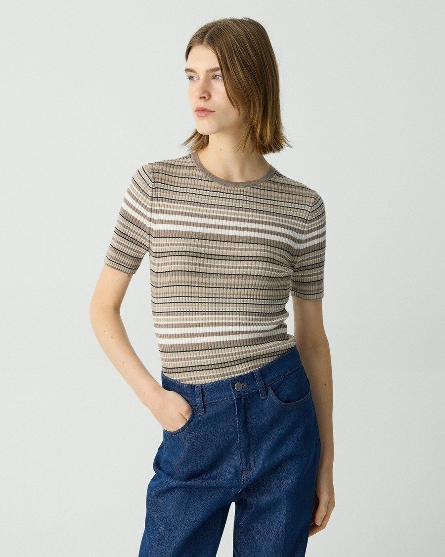 반팔 스웨터 울 Ribbed Short-Sleeve Sweater in Regal Wool P0111704 2BZ