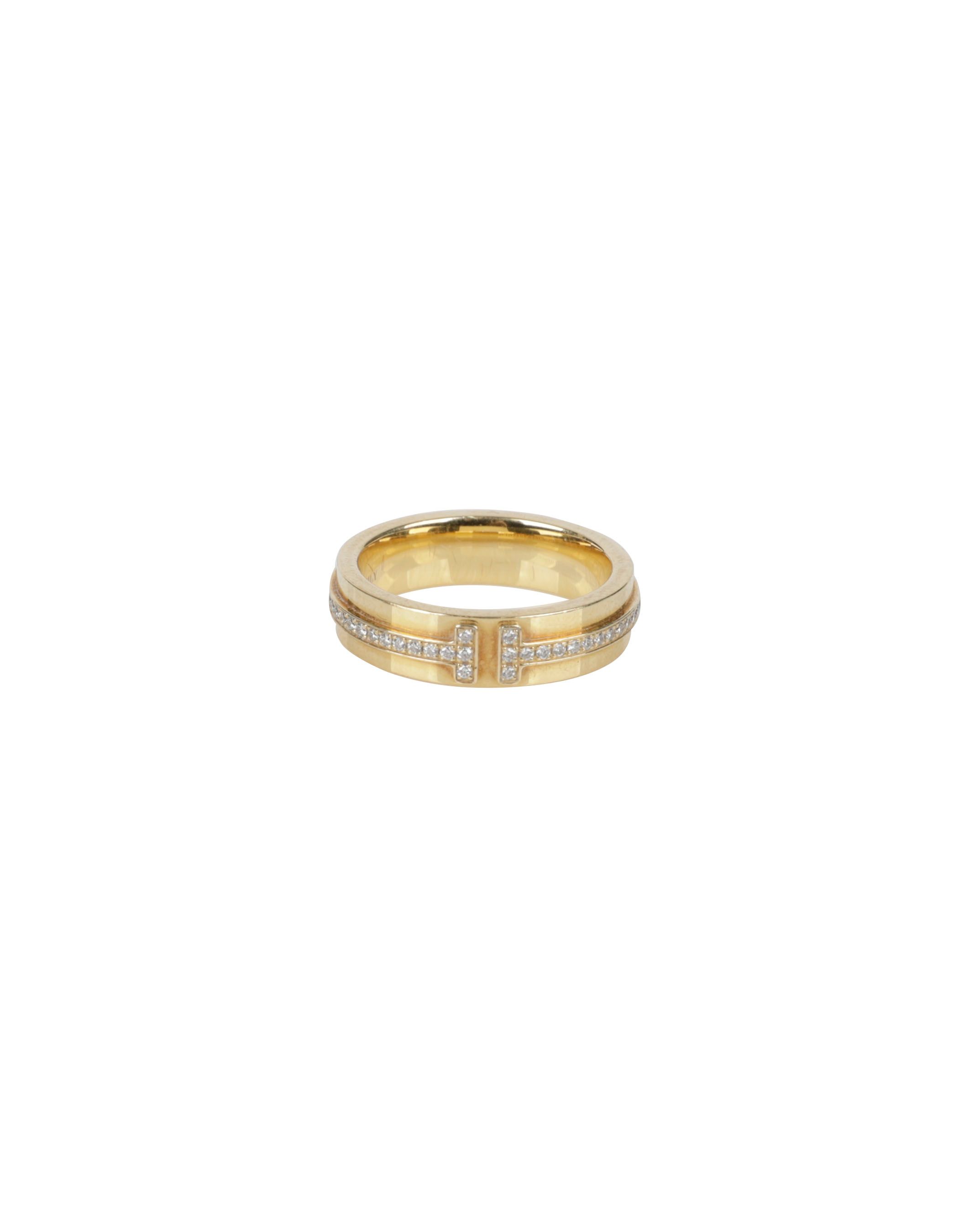중고 5호 AU750 18K 옐로우 골드 다이아 T 와이드 네로우 링 반지