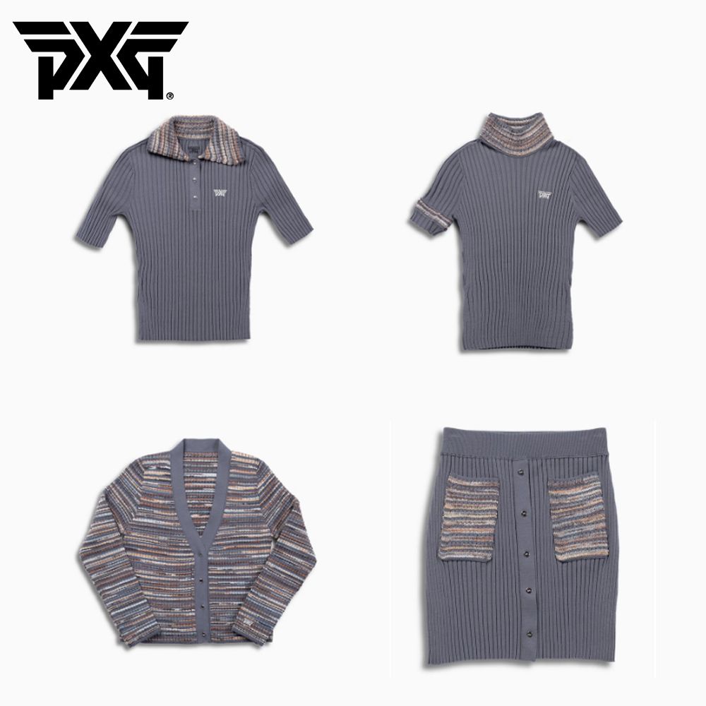 PXG 여자 골프웨어 콘트라스 반팔 슬리브 니트 스커트 오픈 가디건 세트