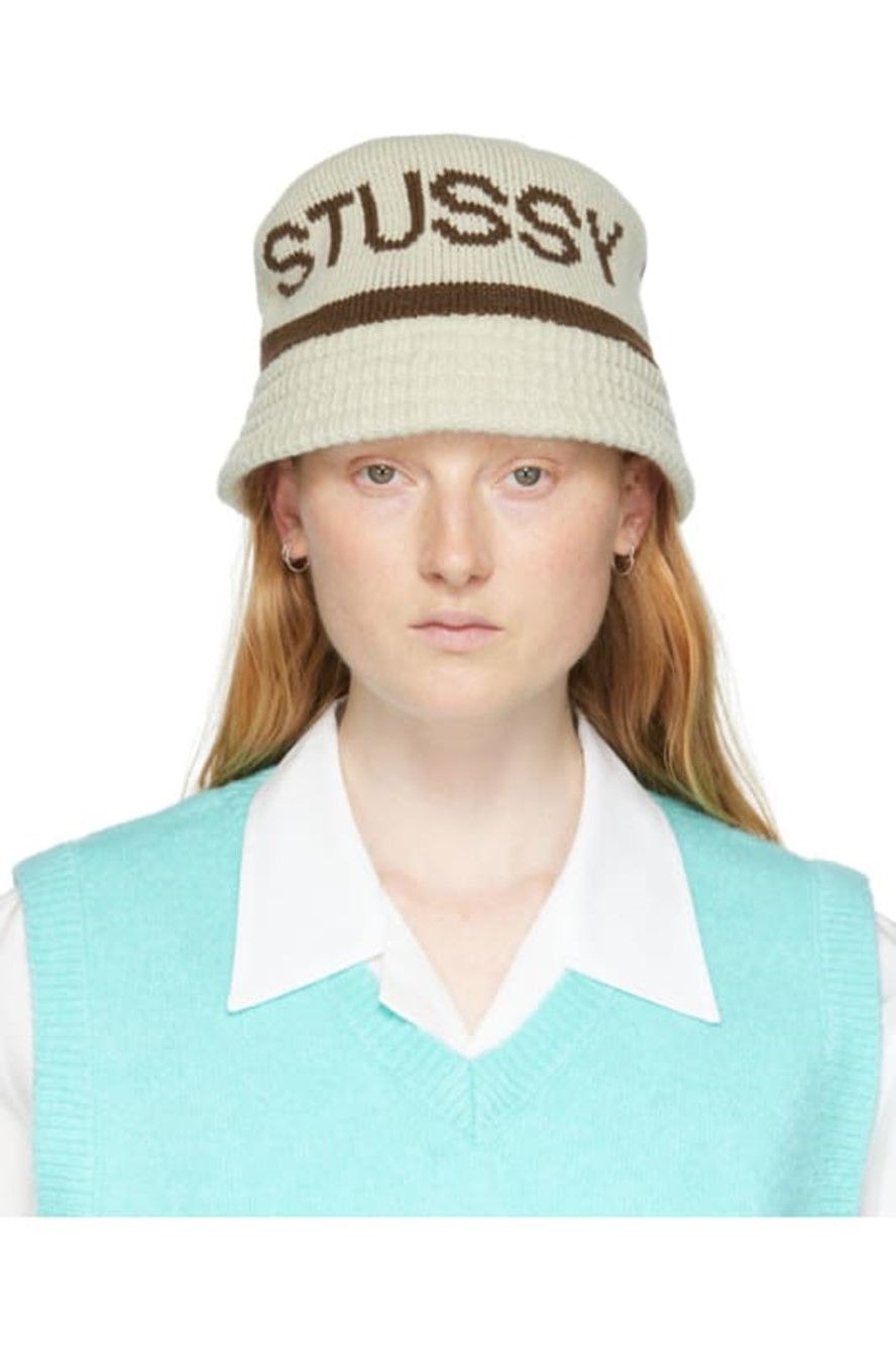 스투시-베이지 자카드 니트 버킷 모자 Beige Jacquard Knit Bucket Hat