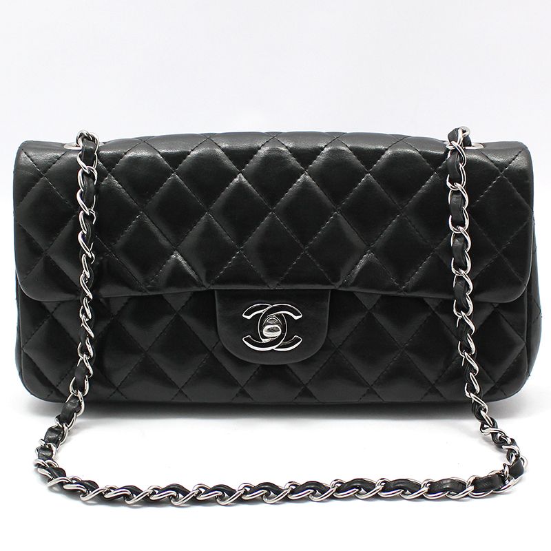 CHANEL Black Lamb Silver Classic Baguette Chain Shoulder Bag CHANEL Black Lamb Silver Classic Baguette Chain Shoulder Bag