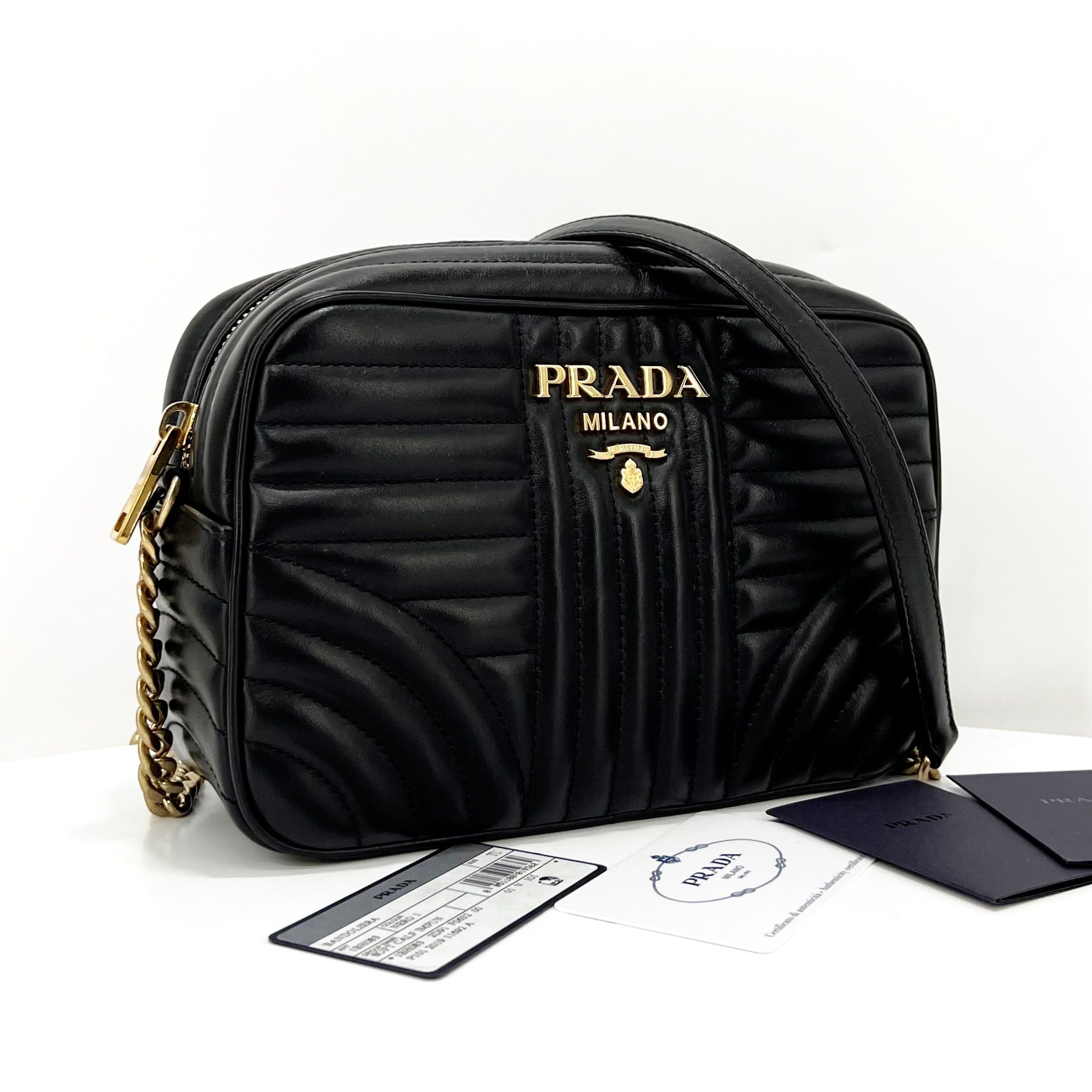 Prada Diagram Gold Chain Crossbody Camera Bag Black (1BH083 Prada Diagram Gold Chain Crossbody Camera Bag Black (1BH083