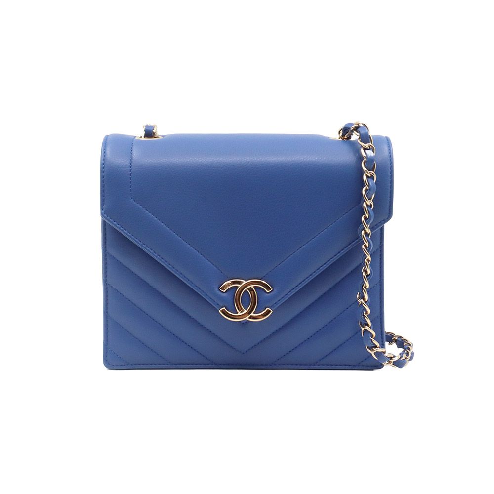 CHANEL Blue Calf Chevron Champagne Gold CC Logo Flap