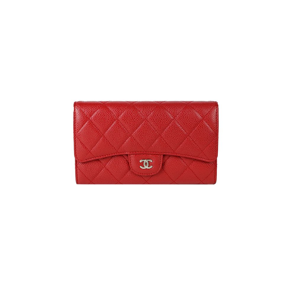 샤넬 클래식 캐비어 플랩 지갑 레드 은장