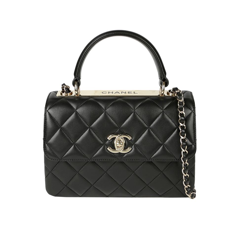 샤넬 트렌디 CC 음각 스몰 램스킨 탑핸들 플랩백 블랙 금장