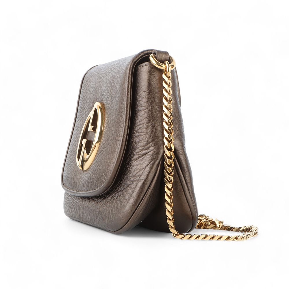 GUCCI Small 1973 Pebbled Leather Chain Crossbody Bag Black