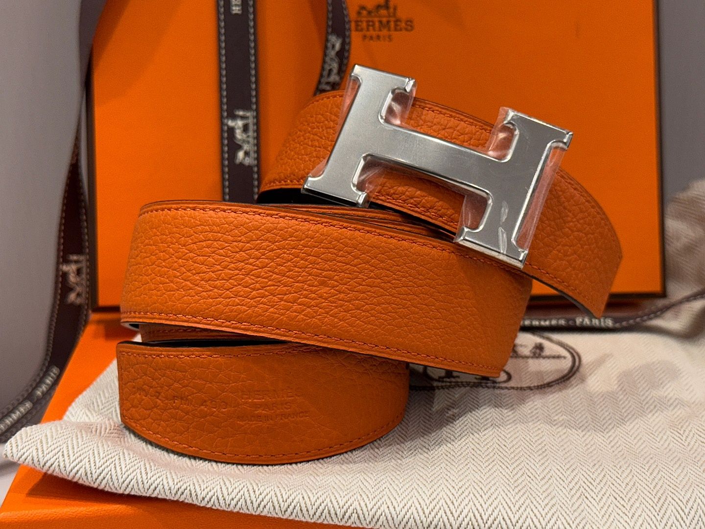 Hermes Silver Classic Black Orange Reversible Belt 121109127 