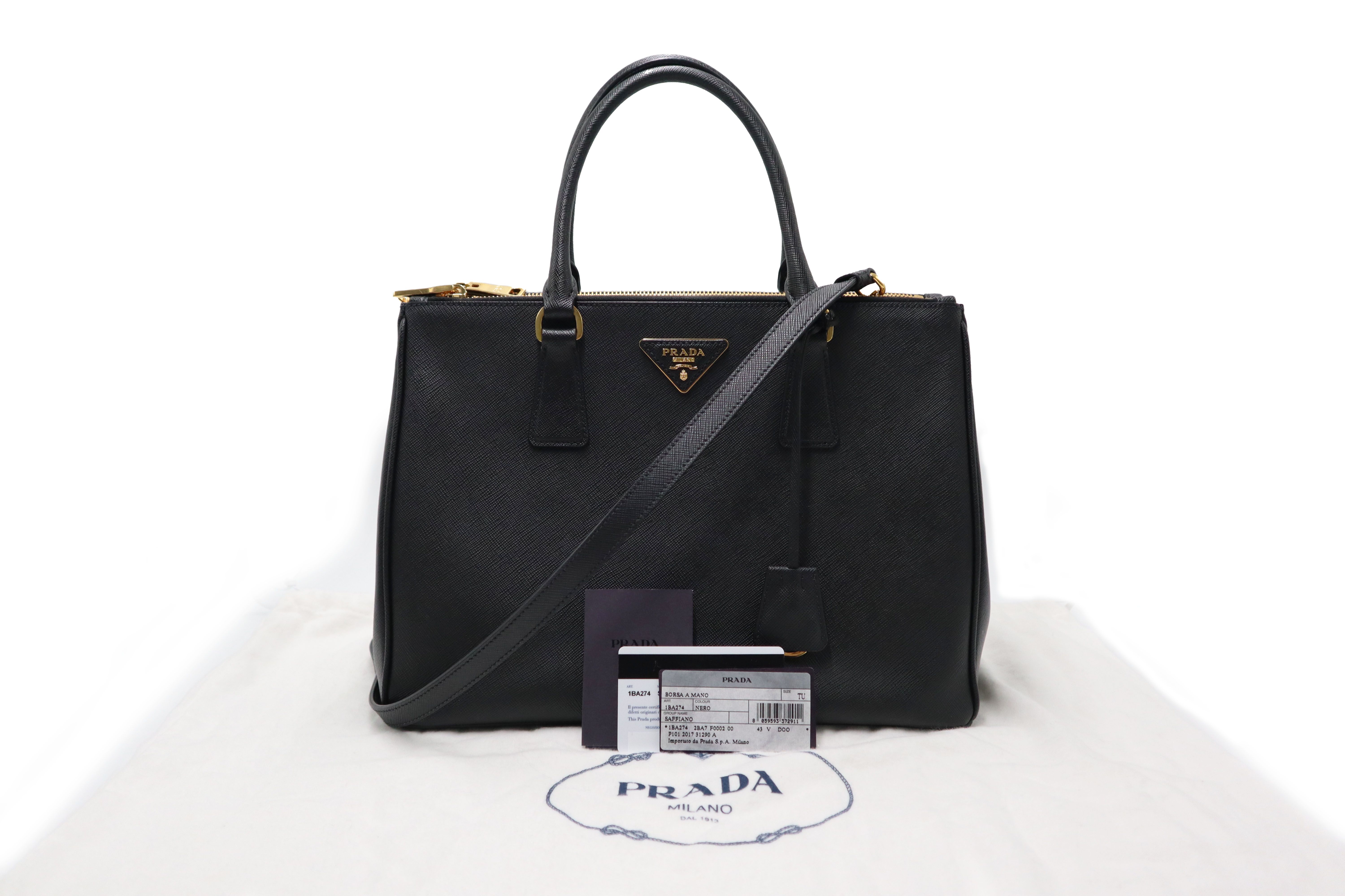 Prada(프라다) 1BA274 블랙 사피아노 럭스 트라이앵글 로고 갤러리아 라지 2WAY