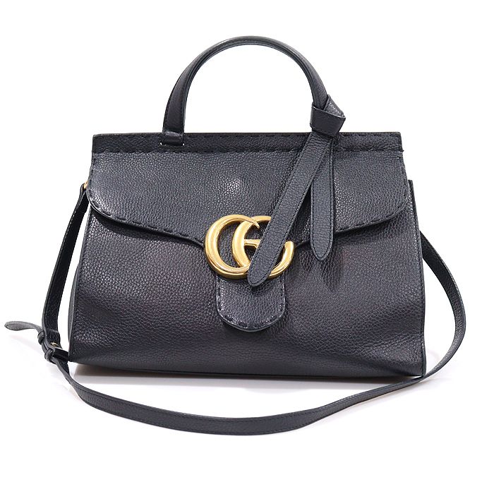 Gucci Black Leather Gold-toned GG Marmont Small Top Handle
