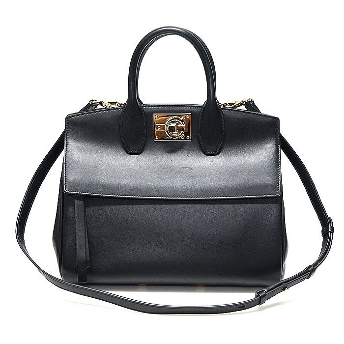 Salvatore Ferragamo 21 H159 Black Calf Gancini Studio Small Salvatore Ferragamo 21 H159 Black Calf Gancini Studio Small