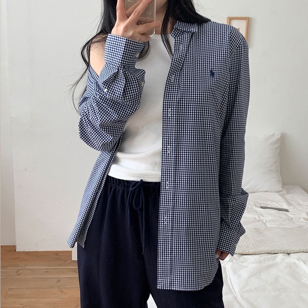 폴로 랄프로렌 스트레치 포플린 깅엄 셔츠 남녀공용 네이비
