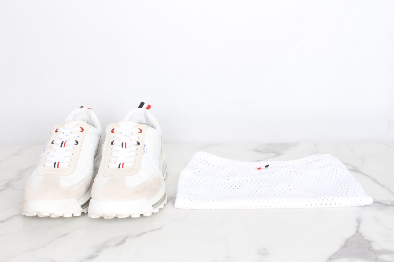 THOM BROWNE 'Tech Runner’ sneakers White Thom Browne Tech Runner Suede Sneakers White at CareOfCarl.com