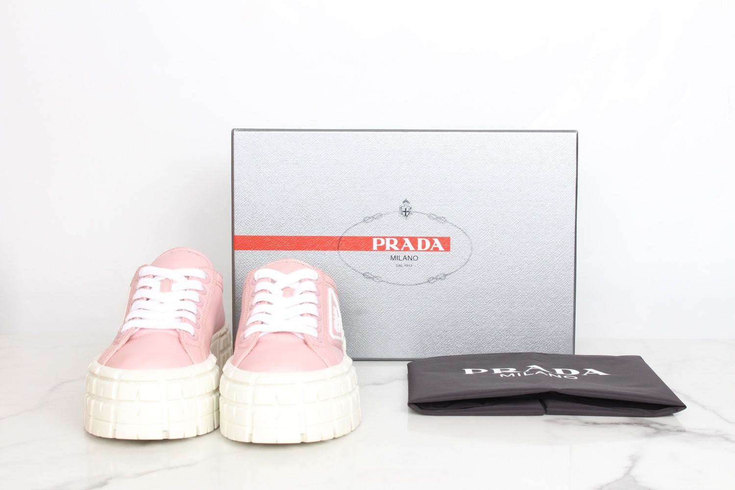Prada Double Wheel Gabardine Re-Nylon Sneakers Pink 36