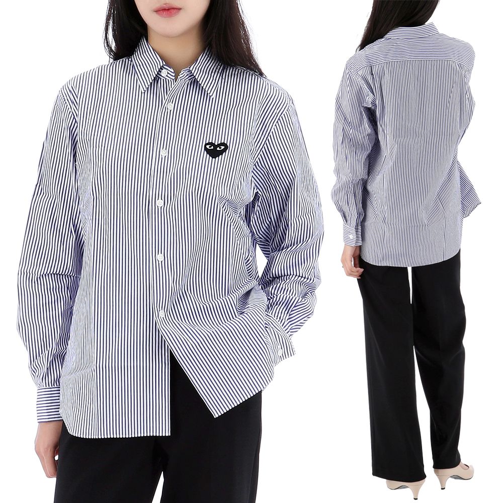 25SS 꼼데가르송 블랙 하트 와펜 스트라이프 셔츠 AX B018 BLUE