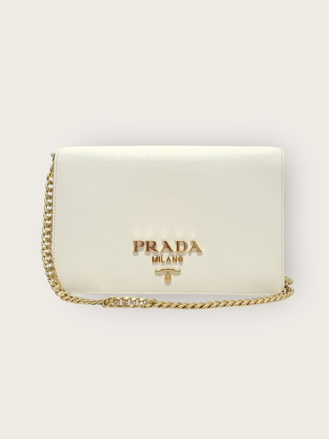 格安新品  Prada White Bag Shoulder Mini Saffiano Logo Metal Gold-Tone バッグ