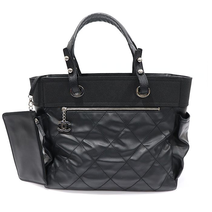 CHANEL Black Leather Silver-Tone Biarritz Large Shoulder Bag