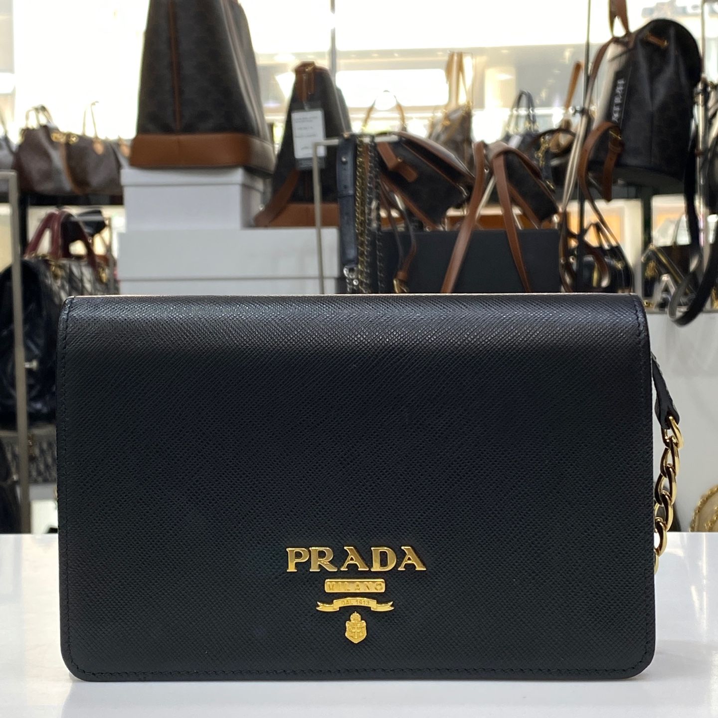 Prada Mini Saffiano Chain Crossbody Bag Black 1BP006 138289178
