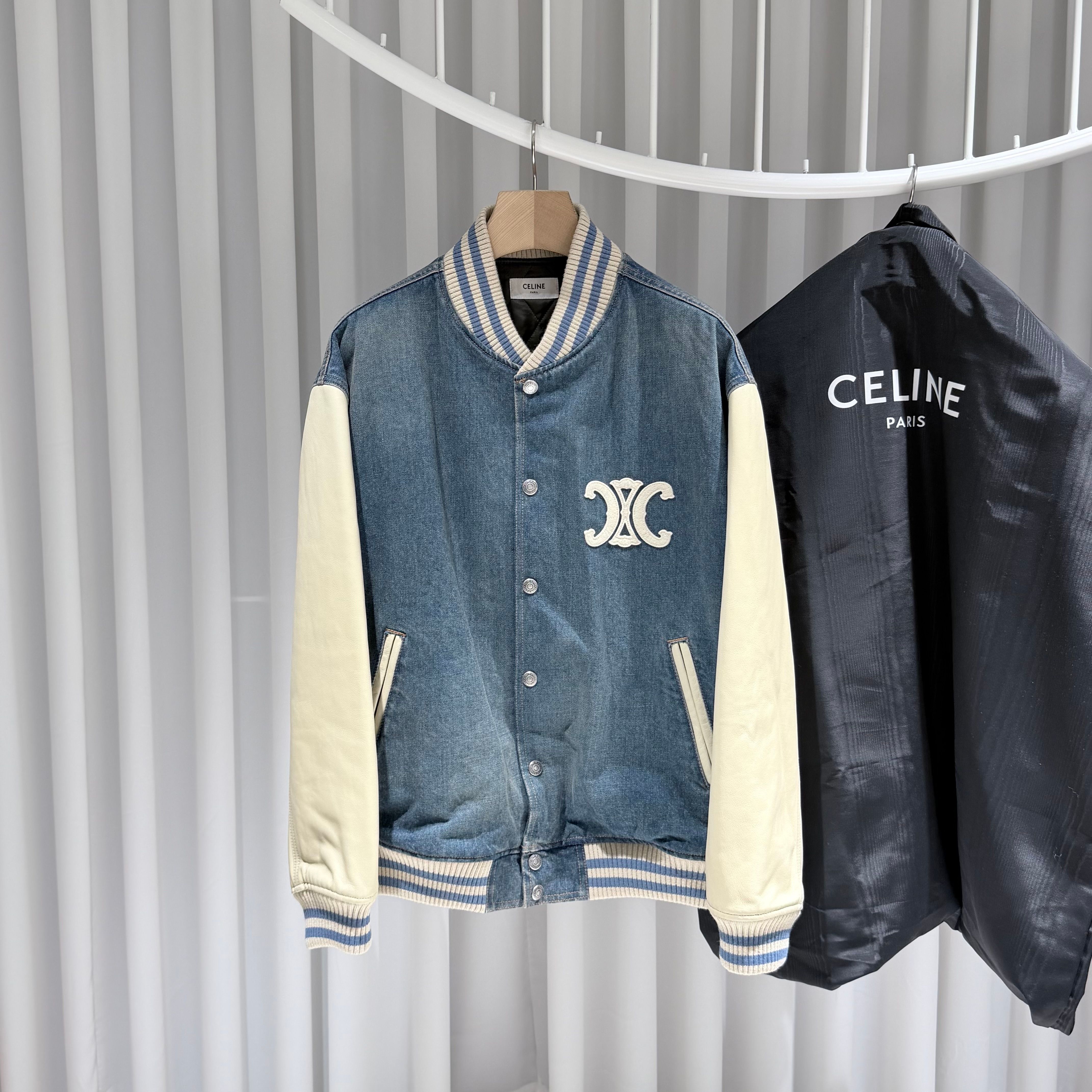 Celine Denim Loose Trionphe Teddy Bomber Varsity Jacket 155762104