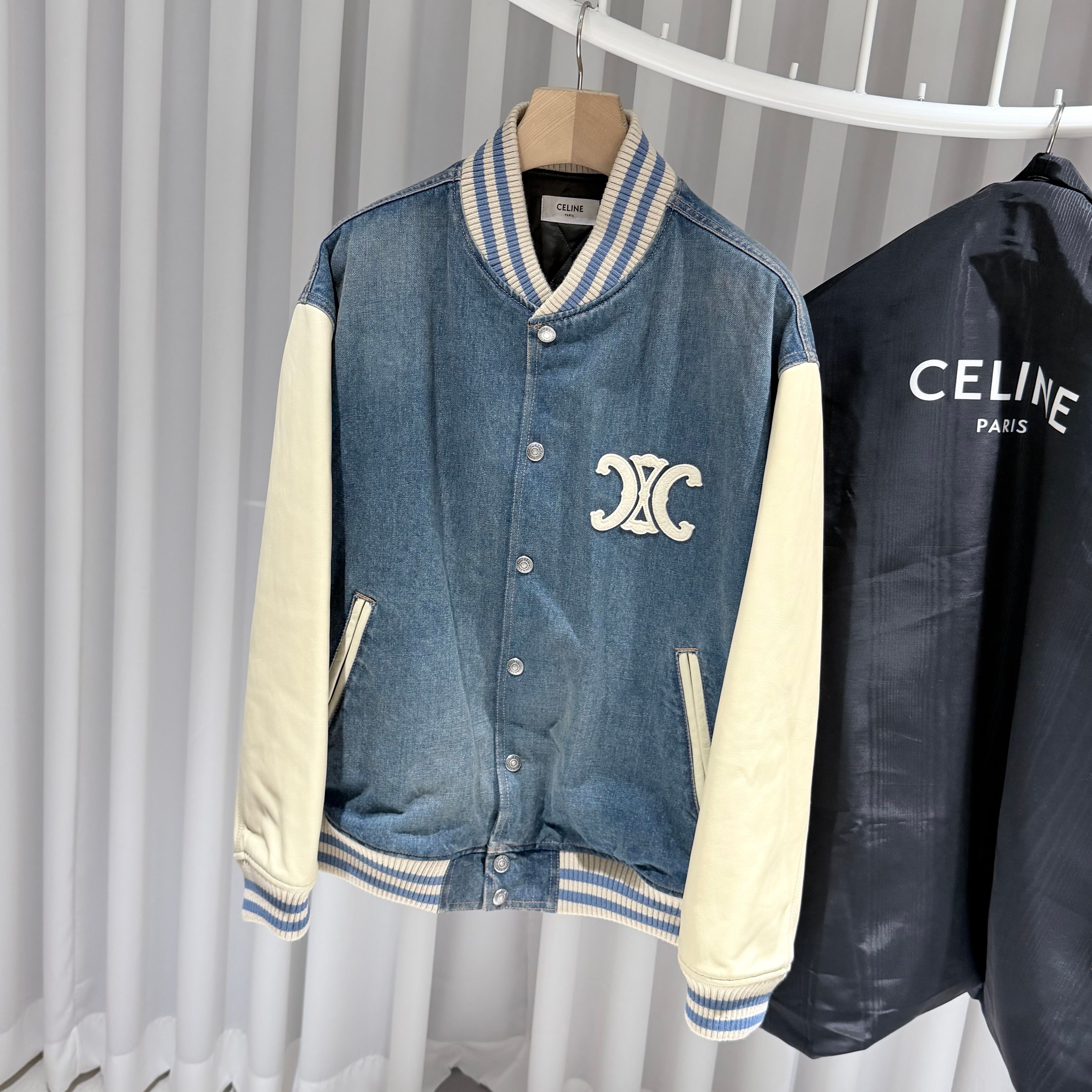 Celine Denim Loose Trionphe Teddy Bomber Varsity Jacket 155762104