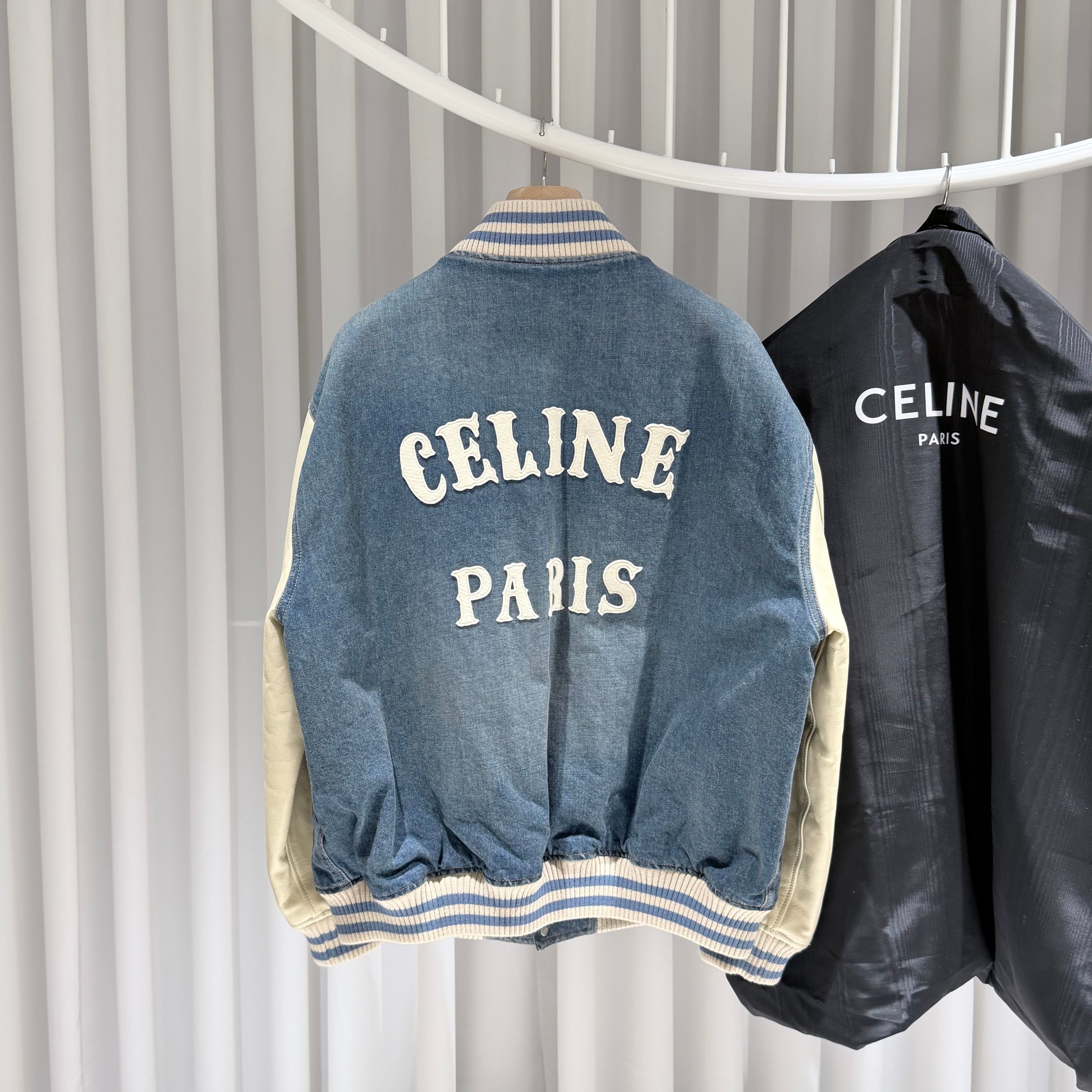 Celine Denim Loose Trionphe Teddy Bomber Varsity Jacket 155762104